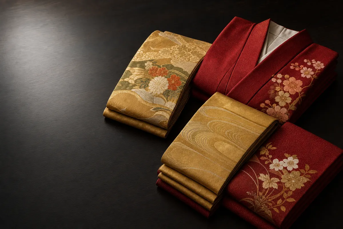 たたまれた着物と金の帯（着物買取業者の比較イメージ）