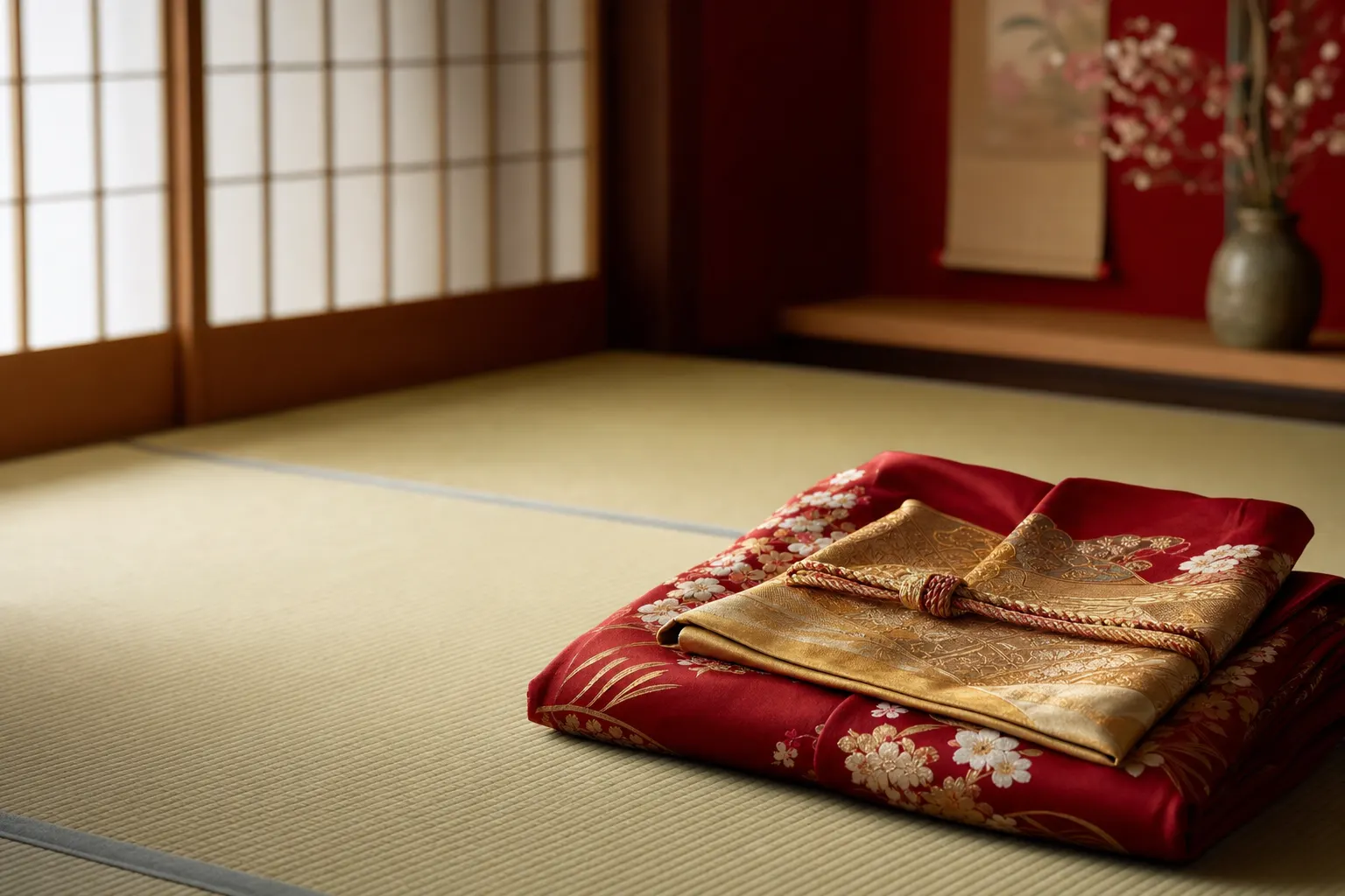 畳の上に静かに置かれた絹の着物と金の帯（着物買取のイメージ）