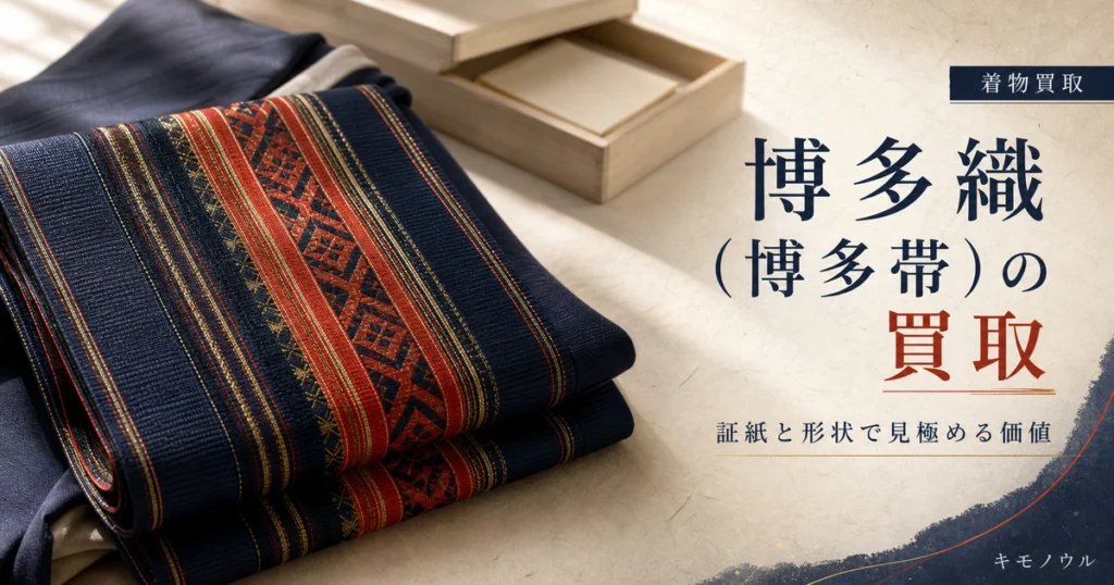 博多織（博多帯）の買取で確認したい証紙と帯の形状のポイントを示すアイキャッチ