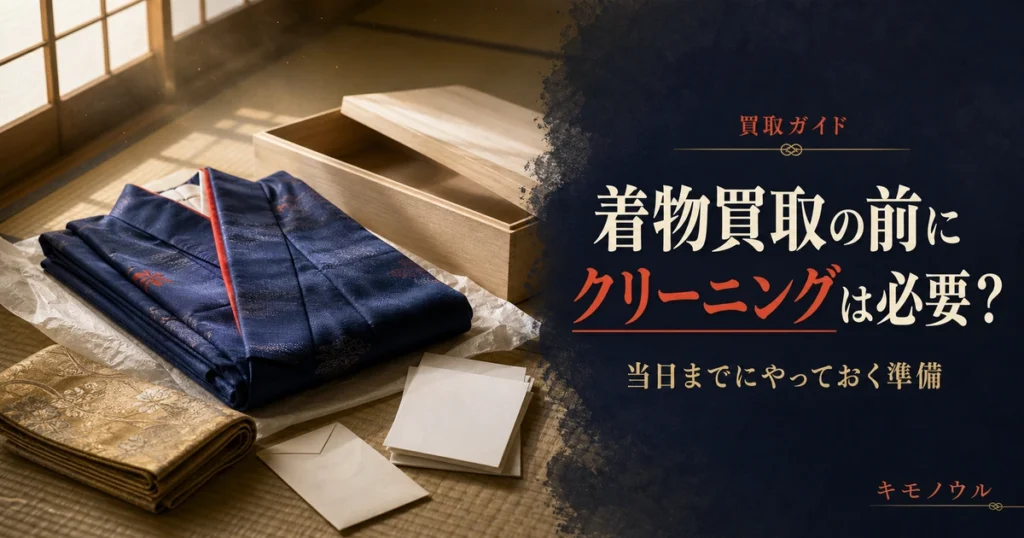 着物買取の前のクリーニングの要否と査定当日までの準備を解説するアイキャッチ