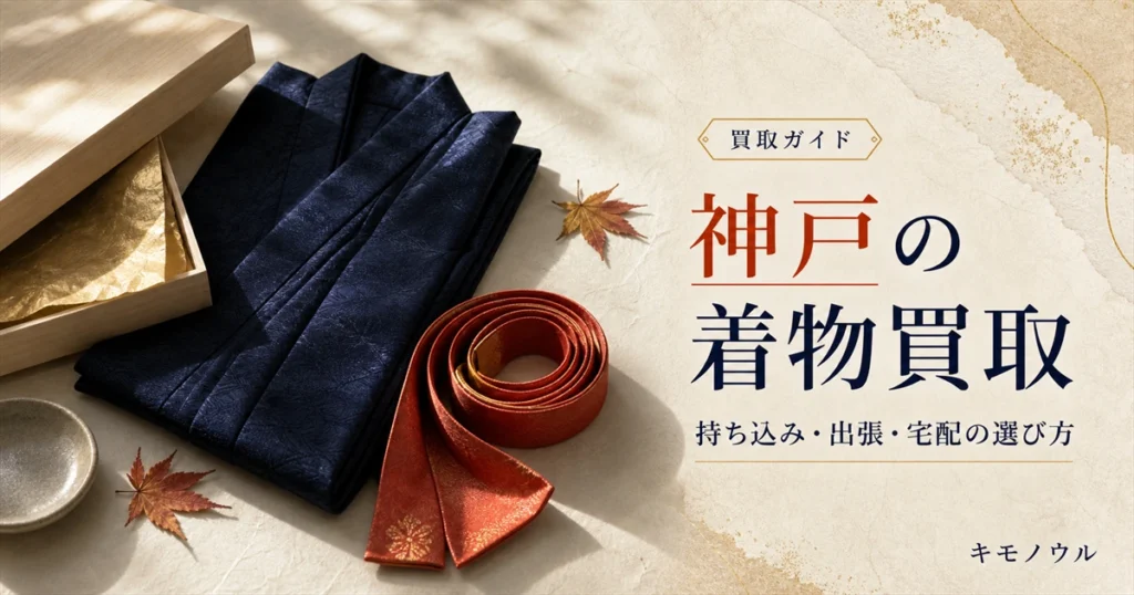 神戸で着物を売る方法を比較する記事のアイキャッチ。たたんだ着物と帯、桐箱を配置