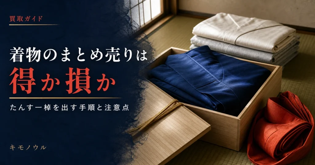 着物のまとめ売りで、たんすから出した着物と帯を仕分けして査定に備えるイメージ