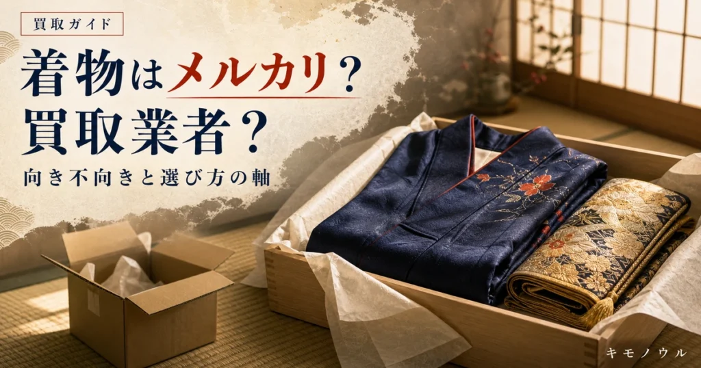 着物をメルカリ・ヤフオク!で売るか買取業者に任せるかの向き不向きを解説する記事のアイキャッチ