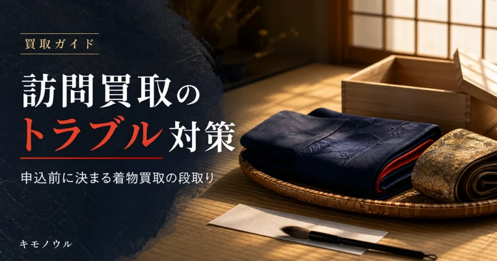 着物の訪問買取のトラブルを避ける事前対策と申込前チェックを解説するアイキャッチ