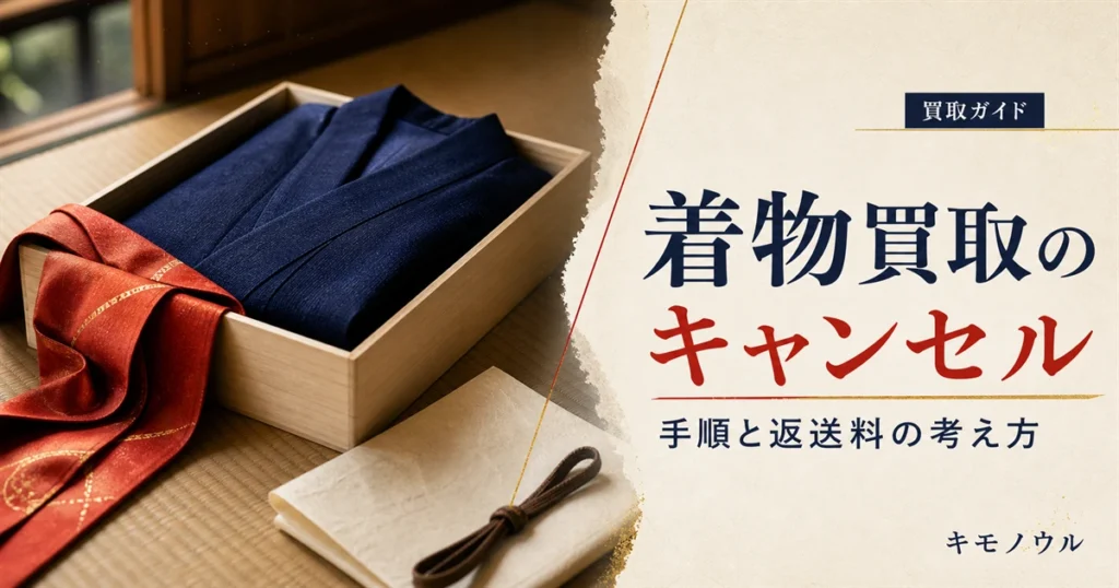 着物買取の査定を成約前にキャンセルする手順と返送料の考え方を解説する記事のアイキャッチ