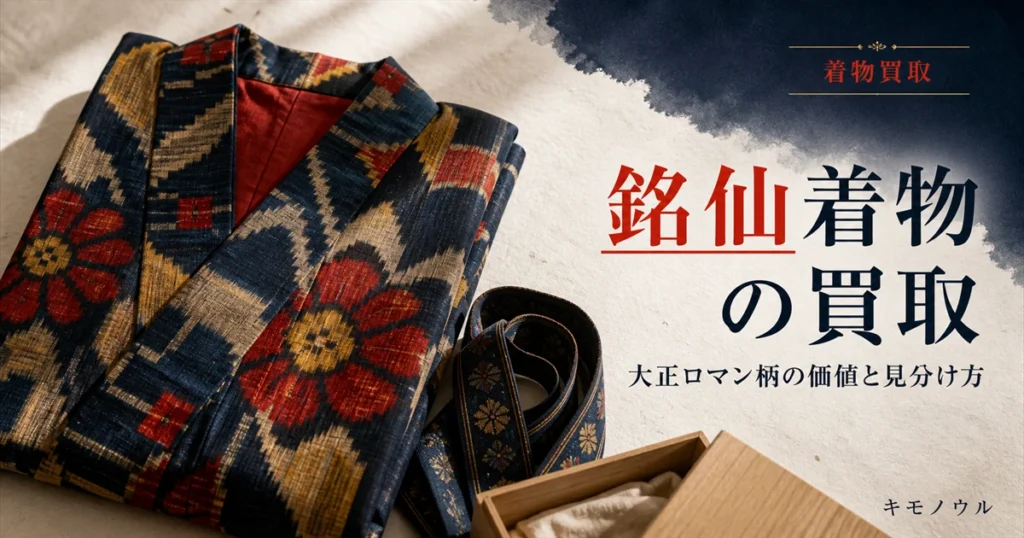 銘仙着物の買取で見られる柄の年代感と状態のポイントを解説するアイキャッチ